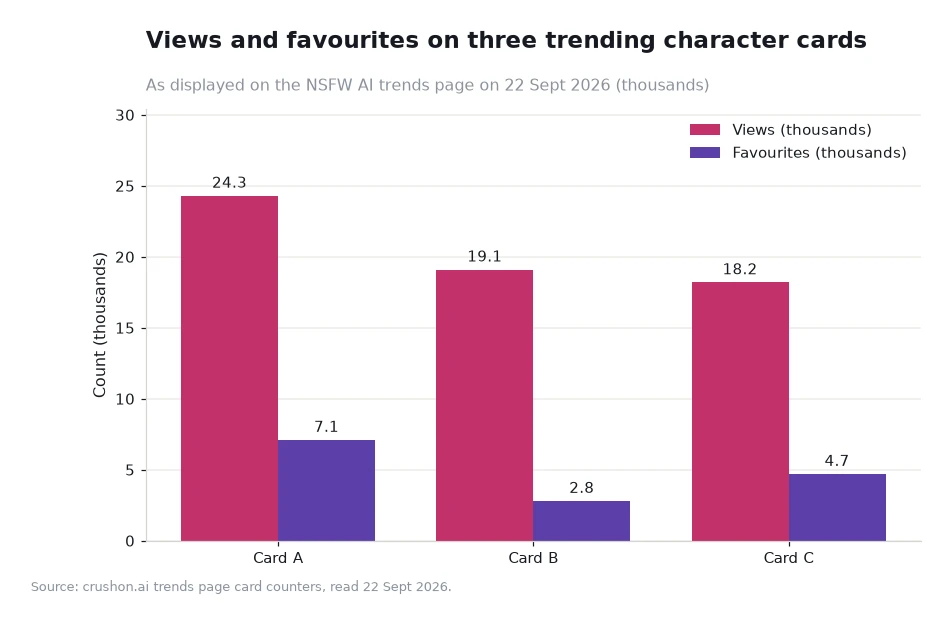 Grouped bar chart of views and favourites across three trending character cards